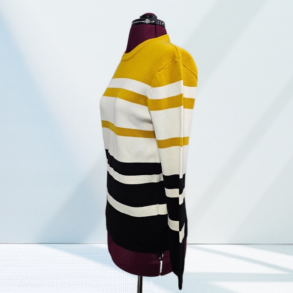 H&M Mens Jumper White Mustard Black Striped Knit Long Sleeve Crewneck - Picture 4 of 13